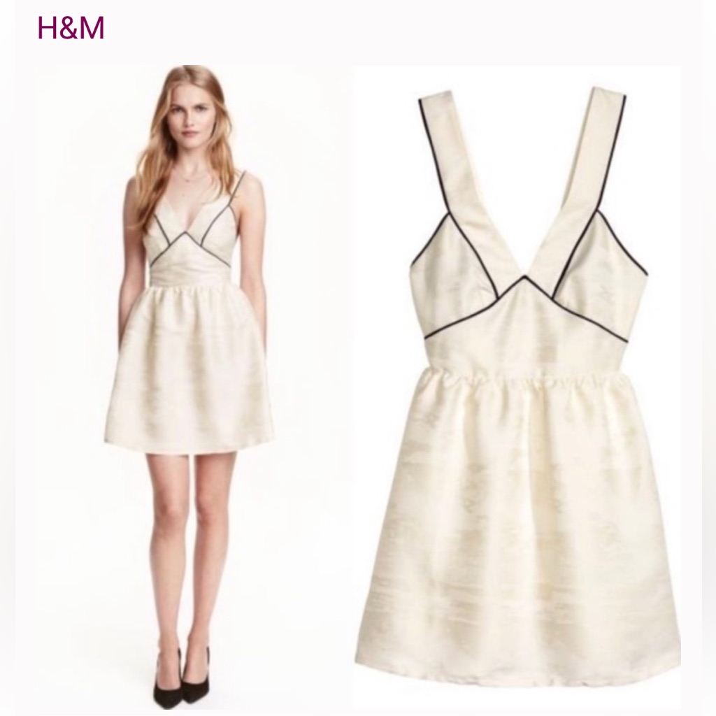 H&M Jacquard Weave White V-Neck Babydoll Dress 14